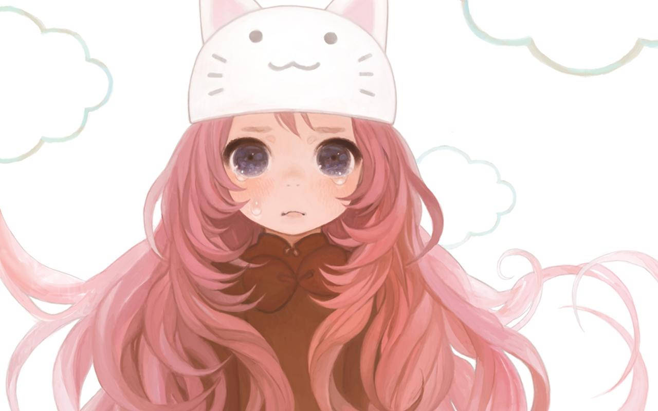 猫帽子をかぶった泣いているかわいいアニメの女の子 壁紙
