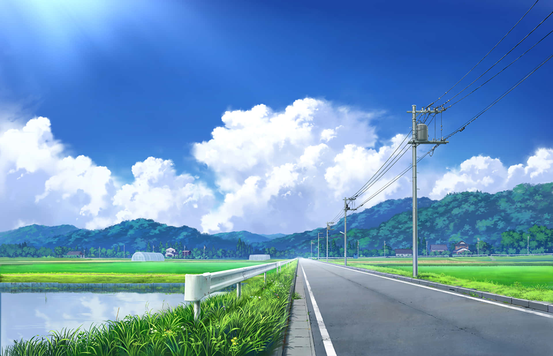 田舎道と湖のアニメアート 壁紙