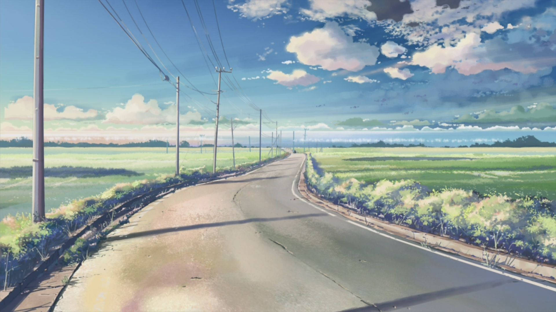 田舎道のアニメ風景 壁紙