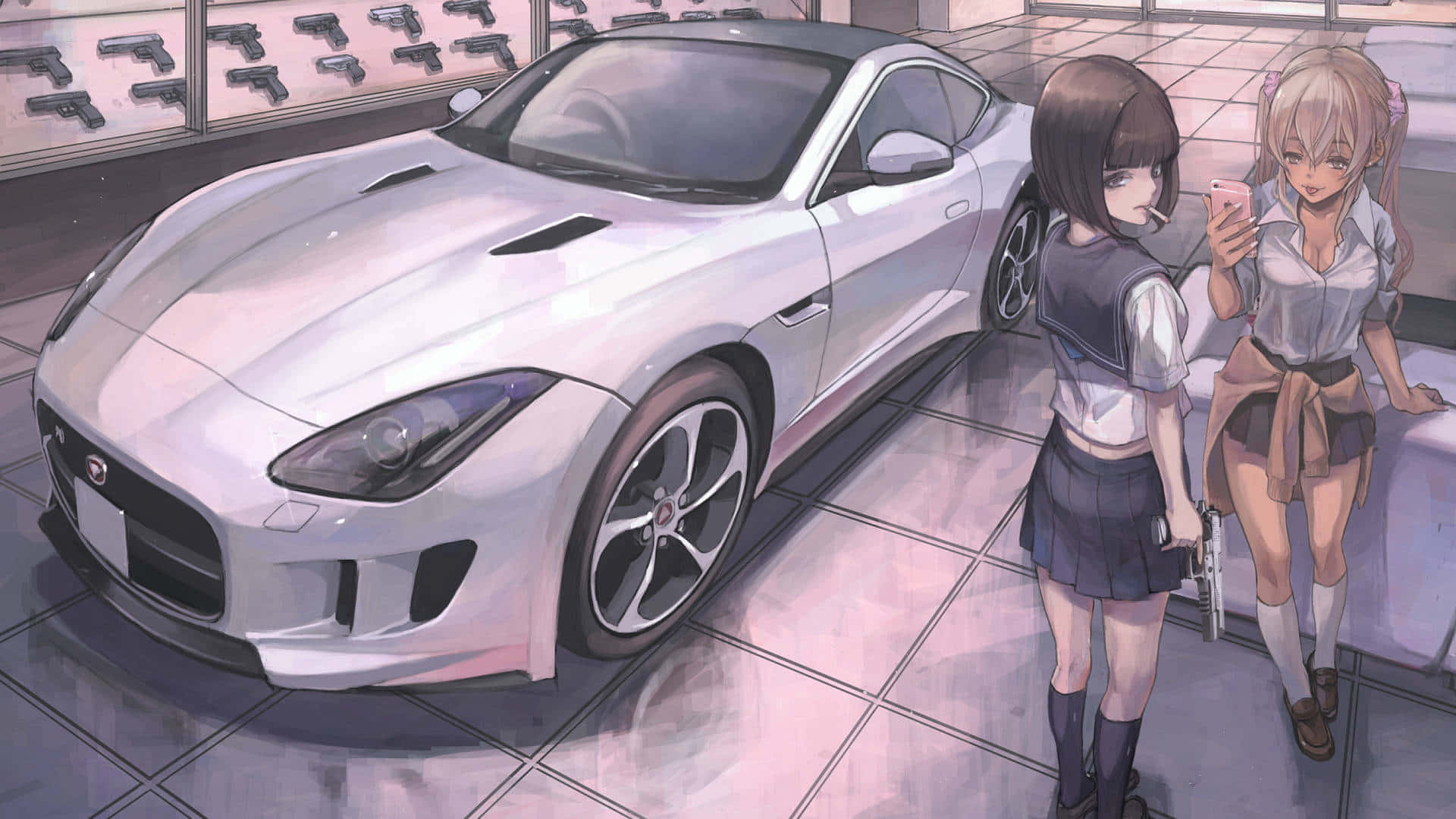 白いスポーツカーの隣に立つ二人の少女 壁紙