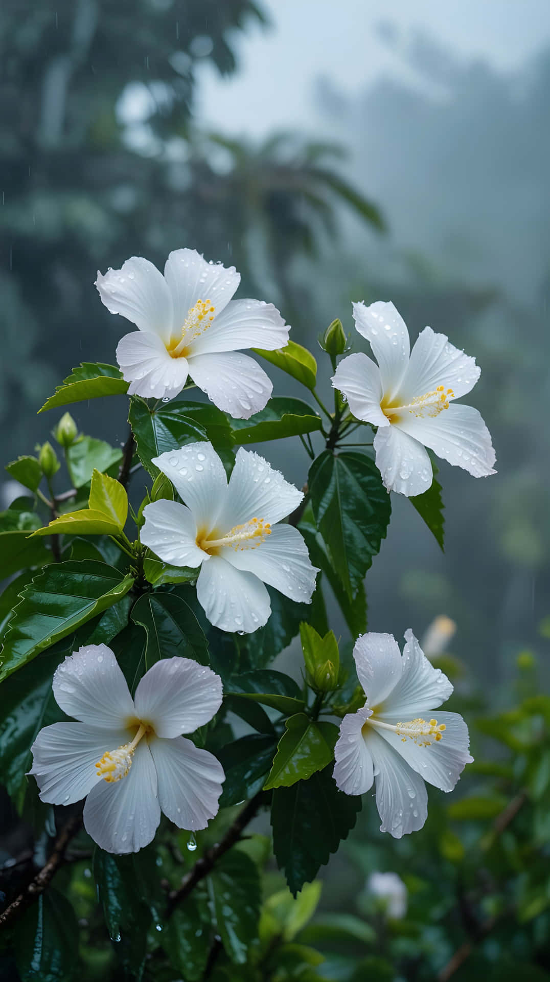 自然、花、フローラル、背景、春、雨、木、緑、トロピカル、開花、庭園、美しい、葉、マクロ、自然、白い花、美的、AI生成、生成AI、壁紙