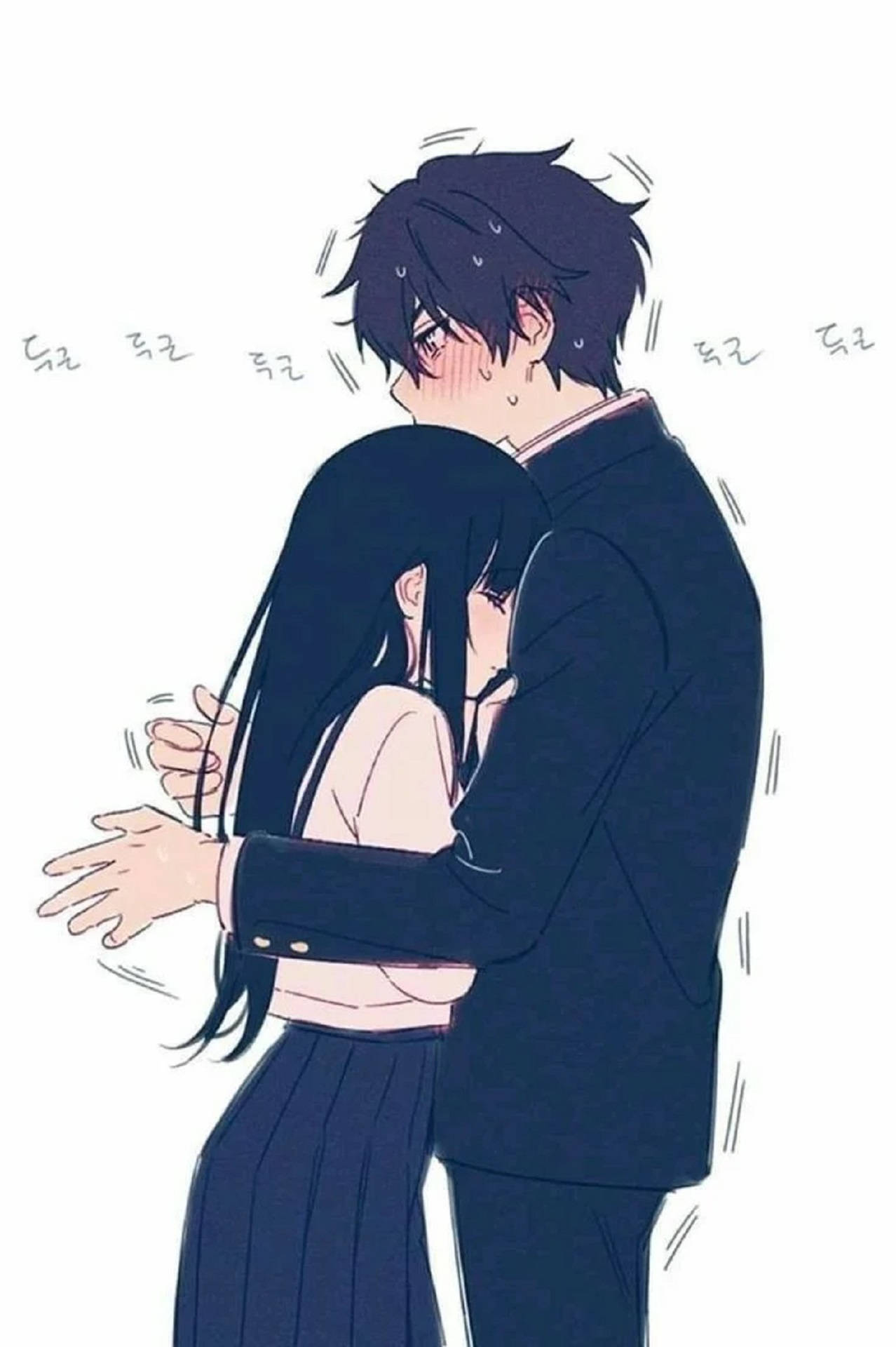 白い背景で抱き合うアニメカップル 壁紙