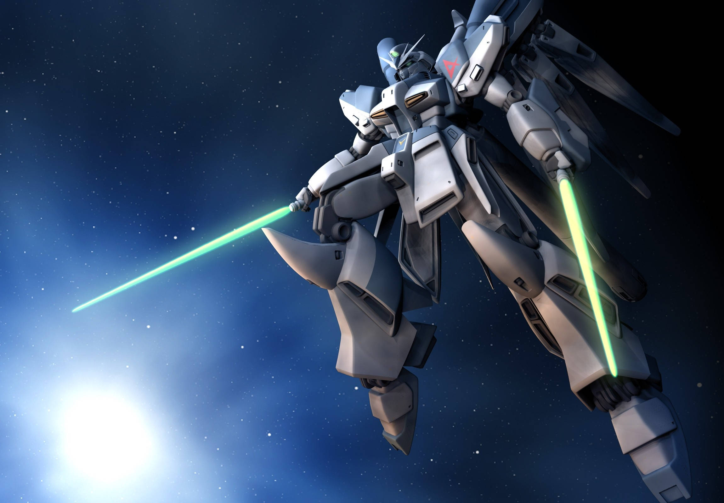 白と緑のモビルスーツガンダムが繰り広げる激しい戦闘シーン 壁紙