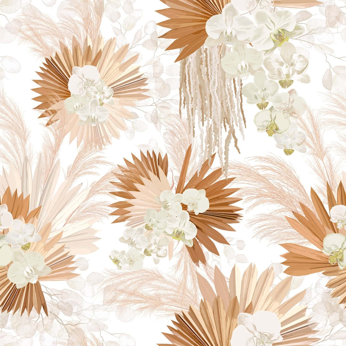 白と茶色の花と葉のフローラルパターン 壁紙