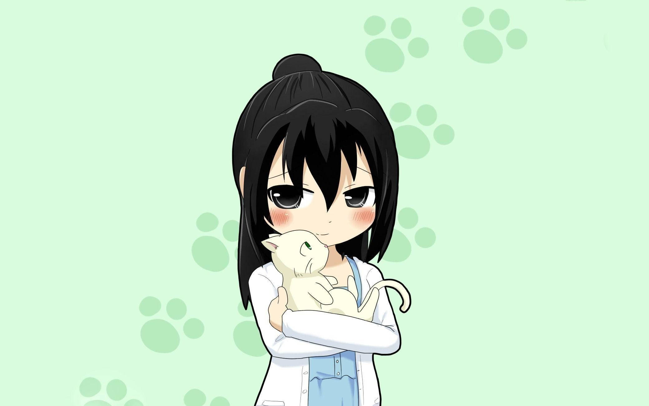 白猫を抱くアニメの子供 壁紙