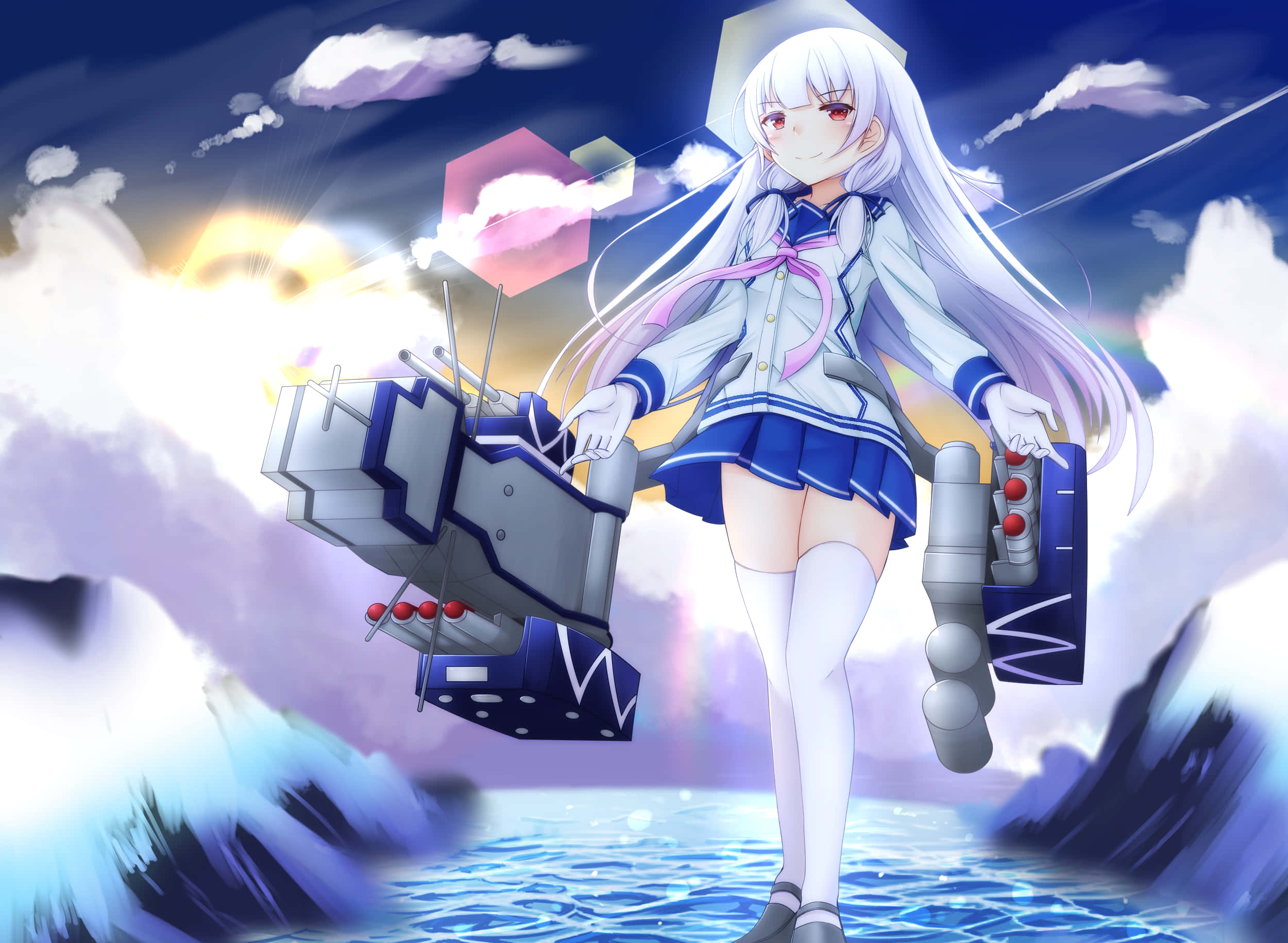 白髪のアニメ少女が太ももを見せる 壁紙