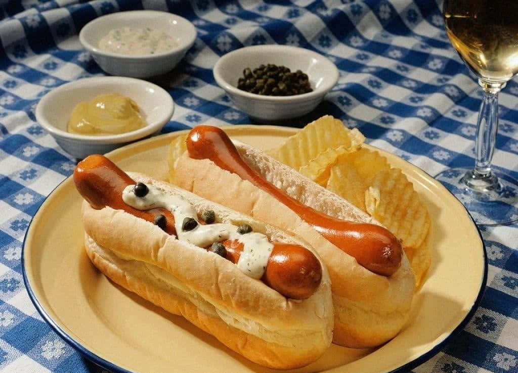 皿にのったホットドッグ、チップス、ワイングラス 壁紙