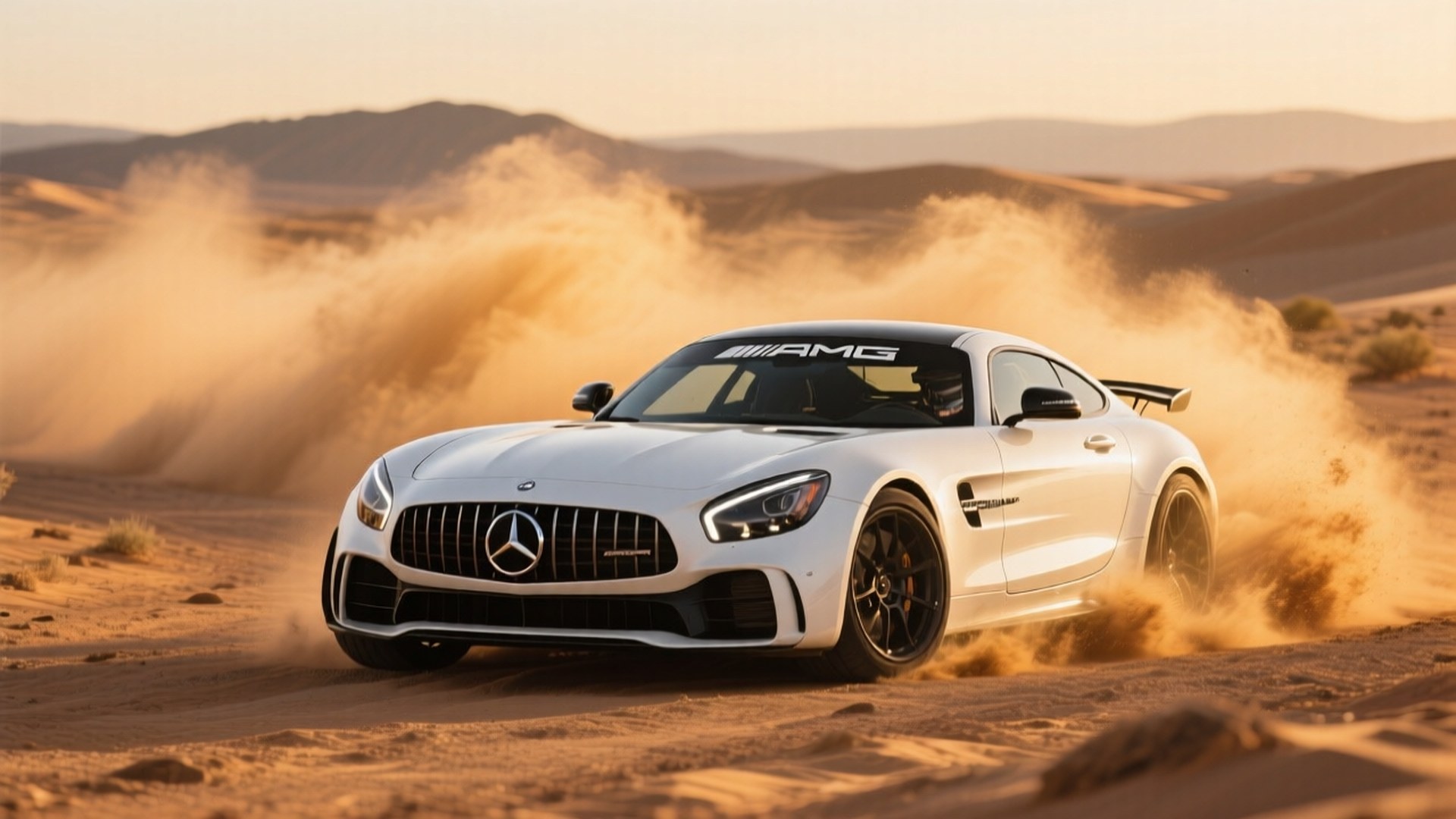 白いメルセデスAMG GT Rがゴールデンアワーの砂漠でドリフトする様子