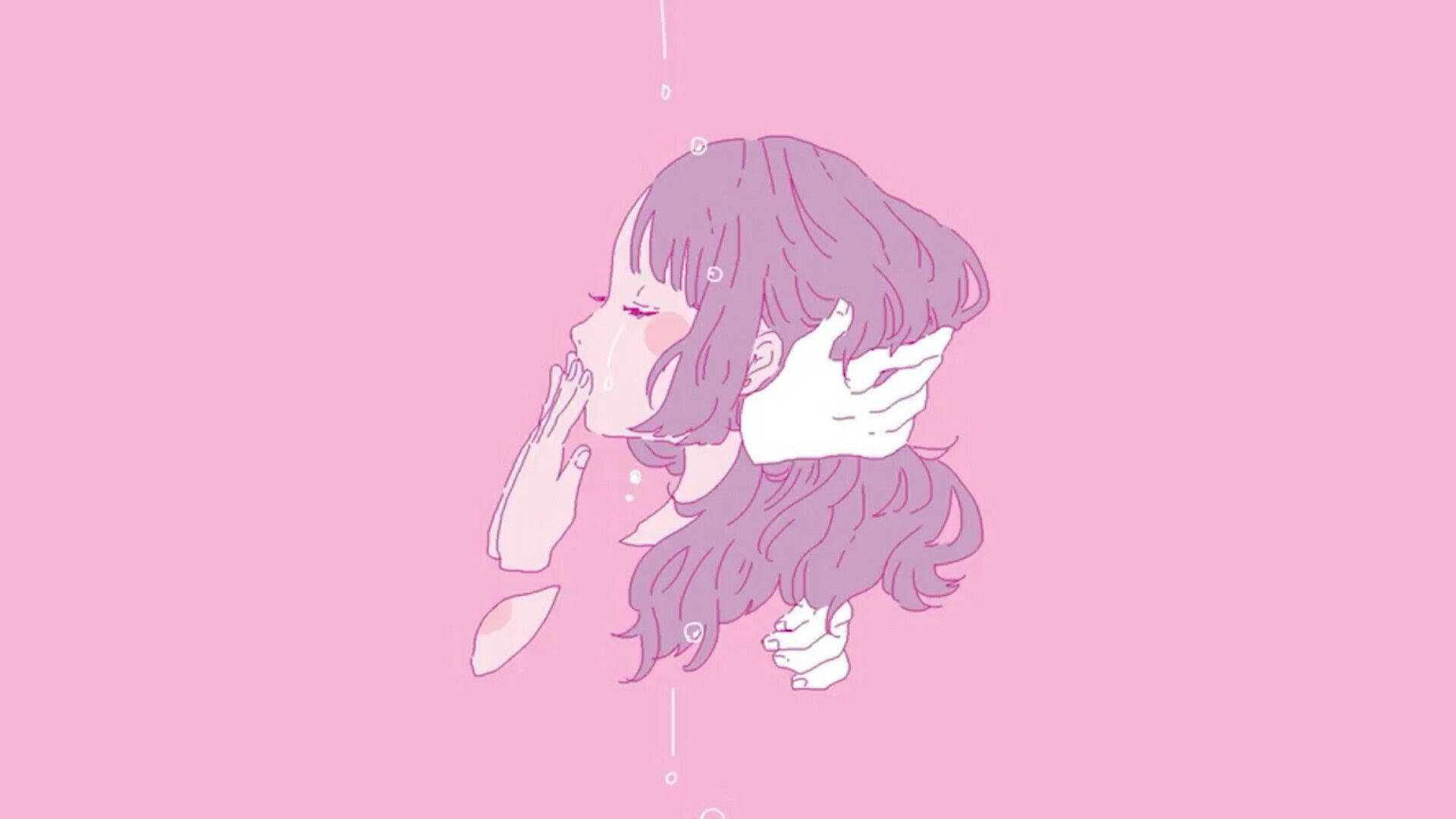 美的な泣いているアニメ少女がピンクの背景で骸骨の手に抱かれている壁紙。