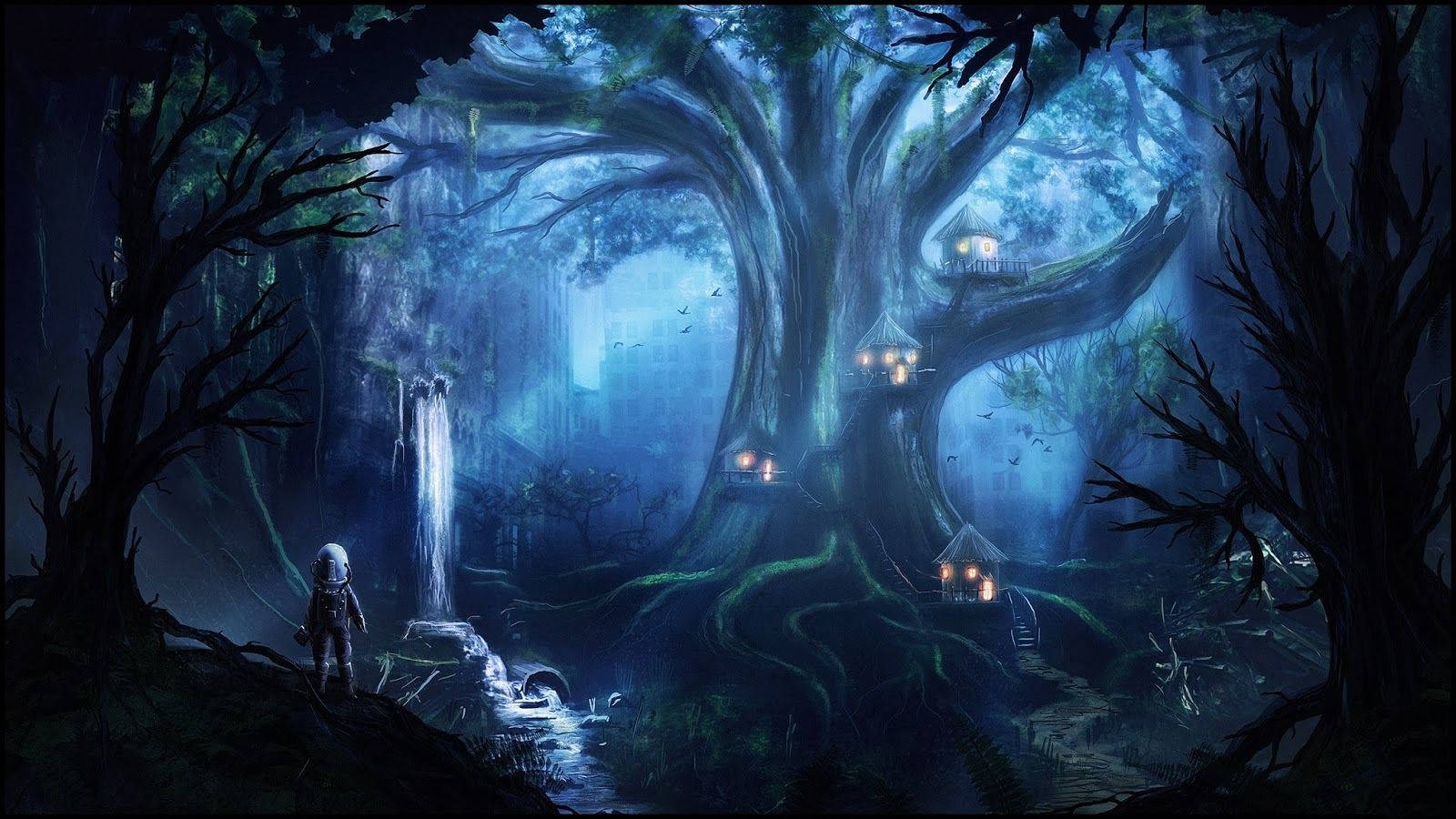 神秘の森と滝のファンタジー風景