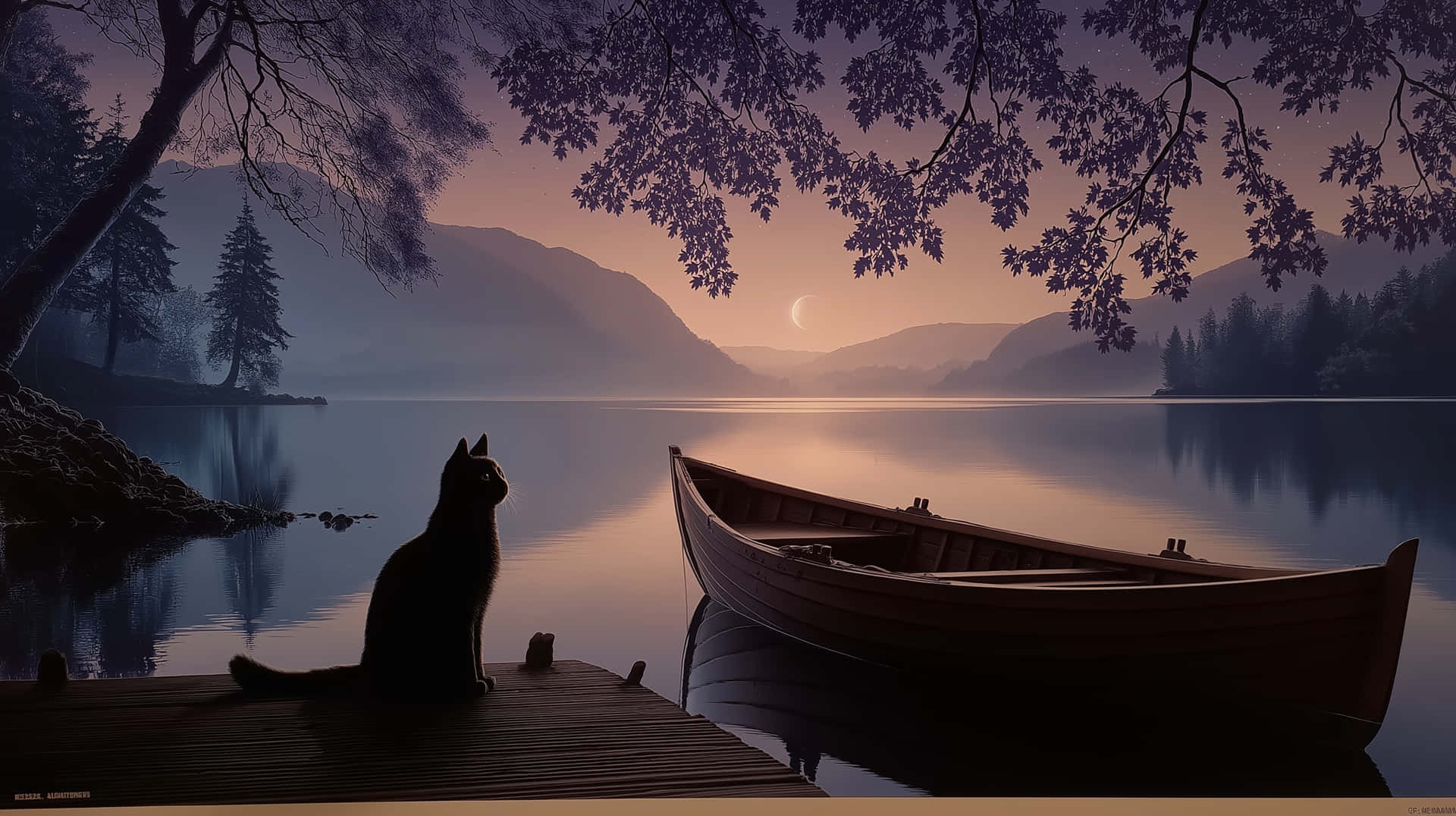 猫、動物、ペット、桟橋、湖、夕暮れ、山々、ボート、自然、風景、静けさ、神秘的、平和、反射、屋外