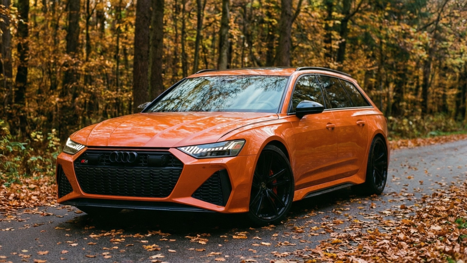 オレンジ色のアウディRS6アバントが、落ち葉舞う秋の林道を走る風景。