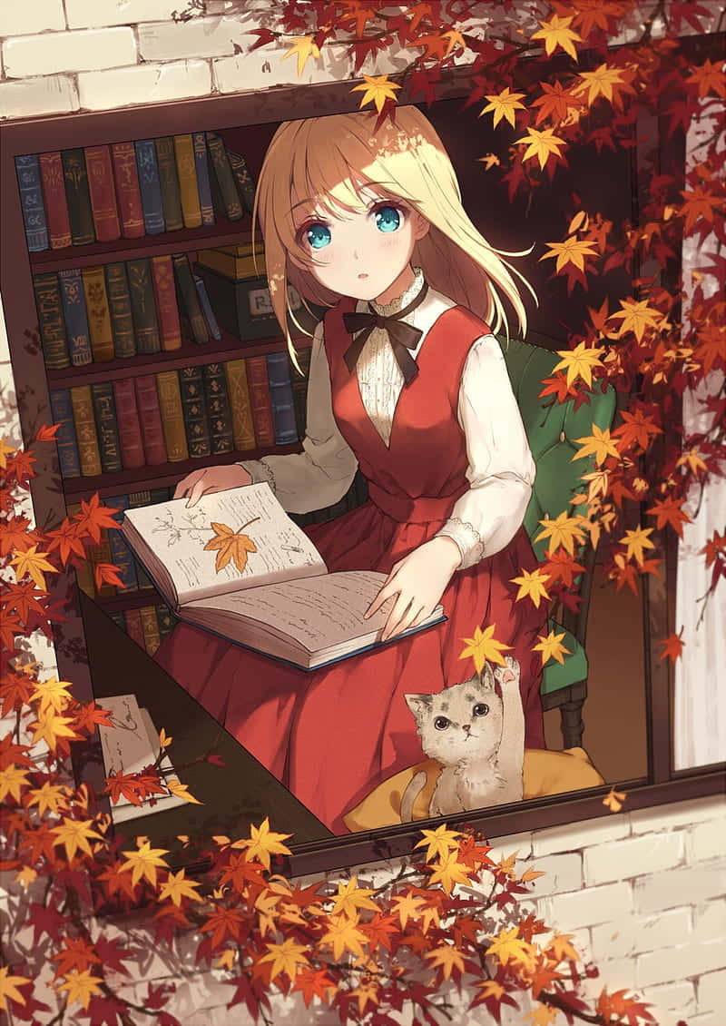 秋のアニメ風 少女と猫ともみじ 壁紙