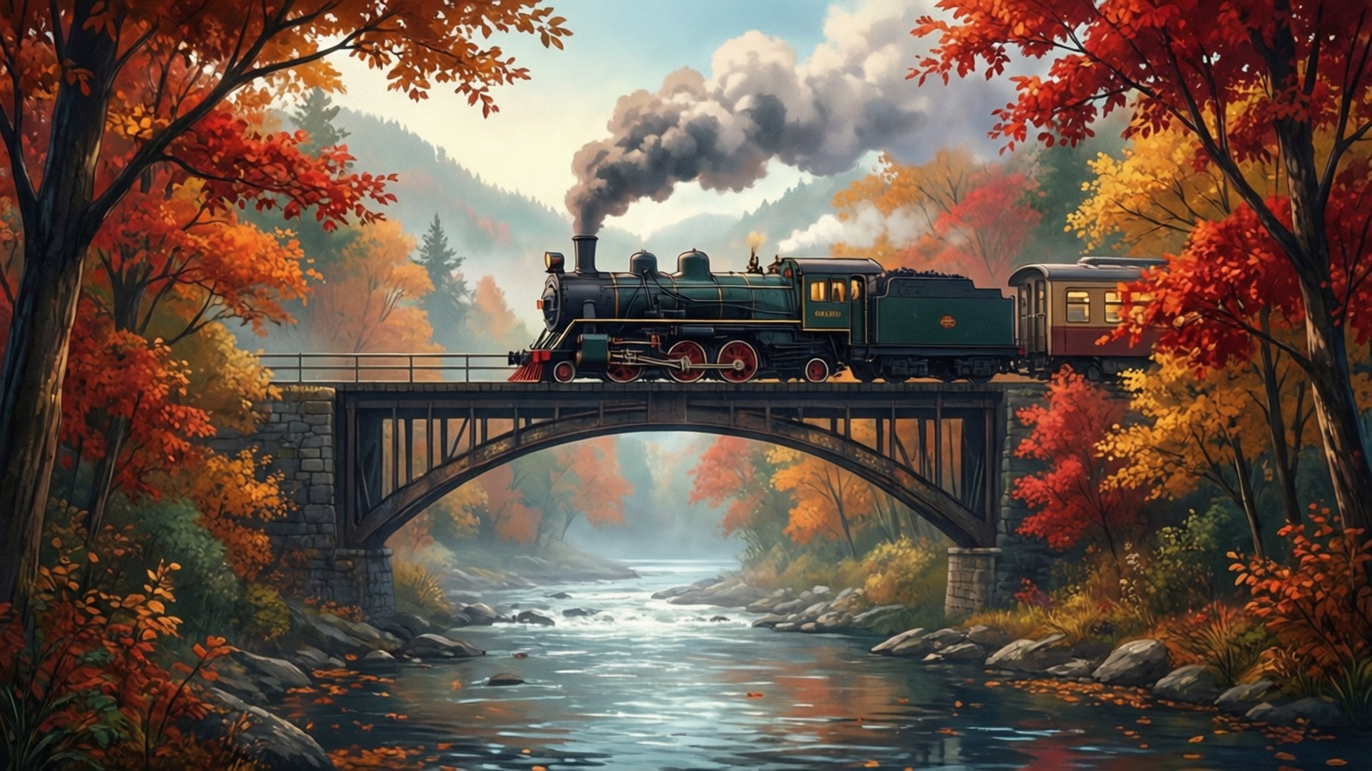 秋の列車橋 壁紙