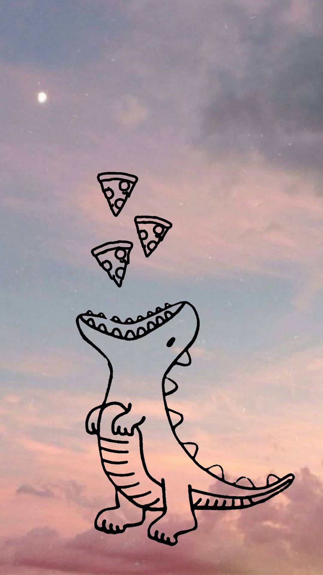 空でピザを食べるかわいい恐竜 壁紙