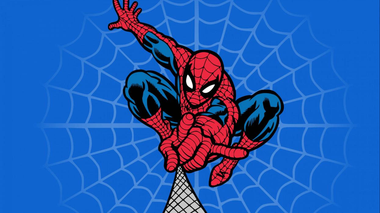 青い背景でクモの糸を放つスパイダーマン、マーベルスーパーヒーローコミック