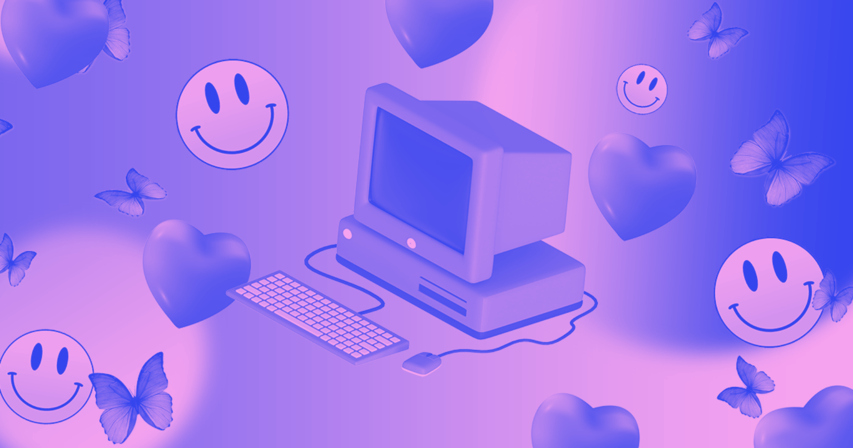 笑顔と蝶々が描かれたコンピューター 壁紙