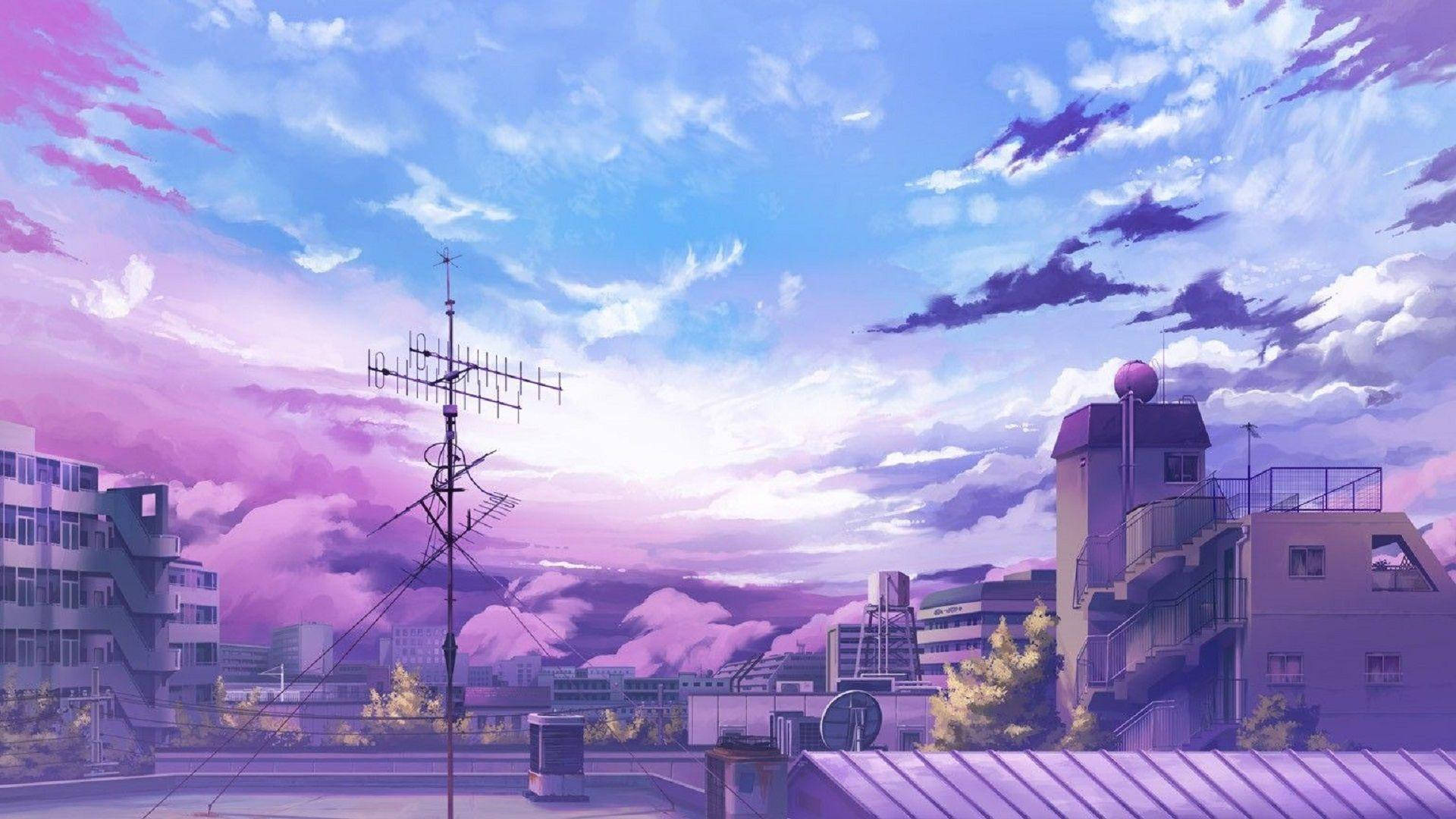 紫と青の空の下の美しい街並み 壁紙