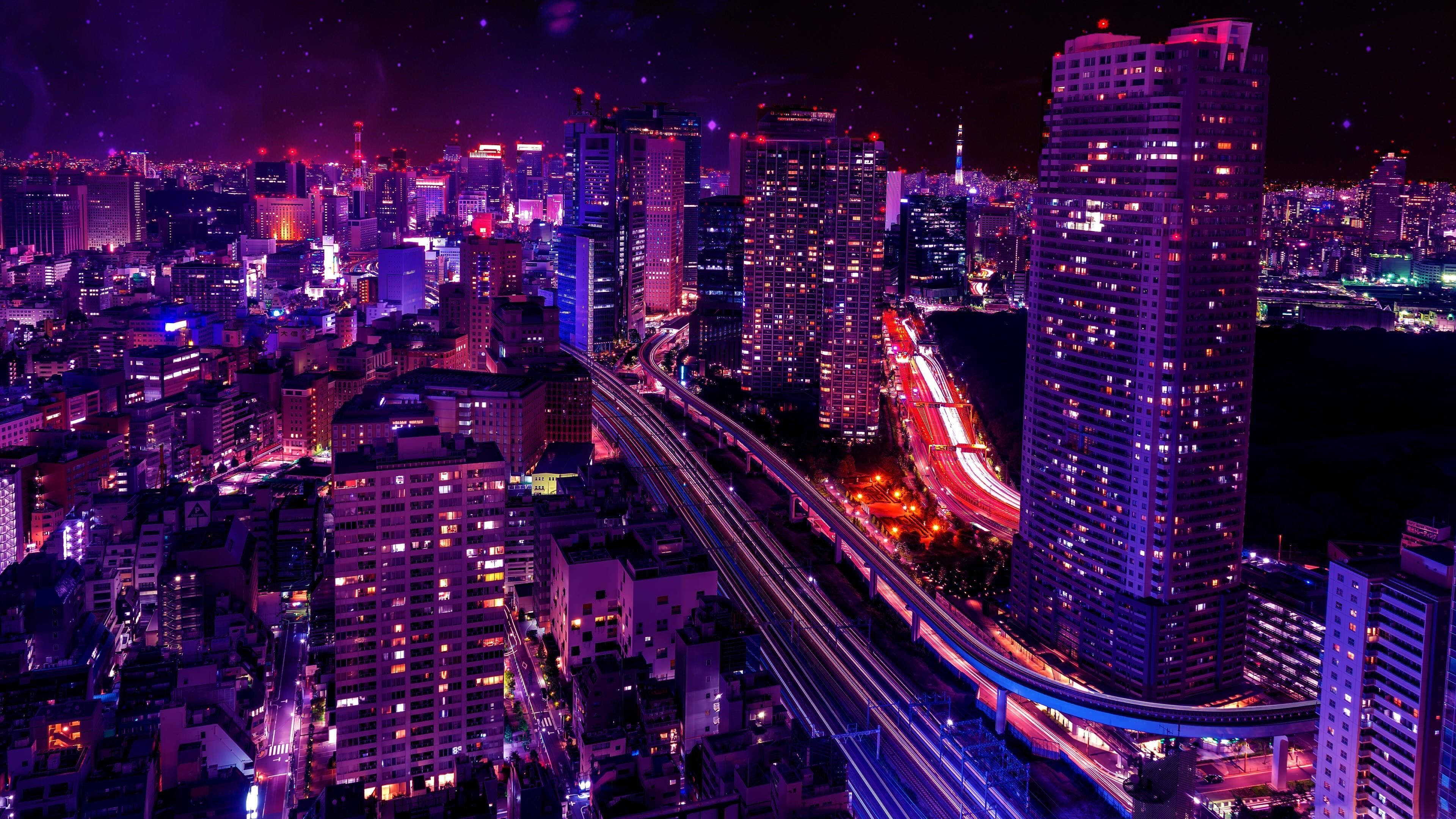 紫の和風夜景都市景観 壁紙