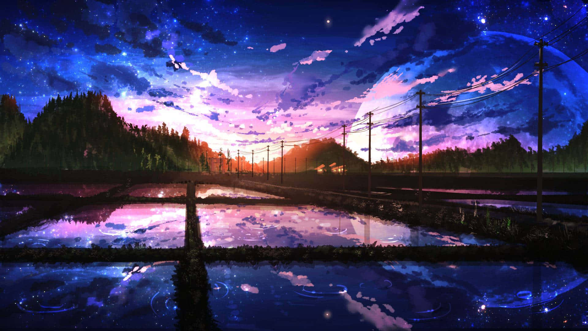 紫空の美しいアニメ風景 田園地帯 壁紙