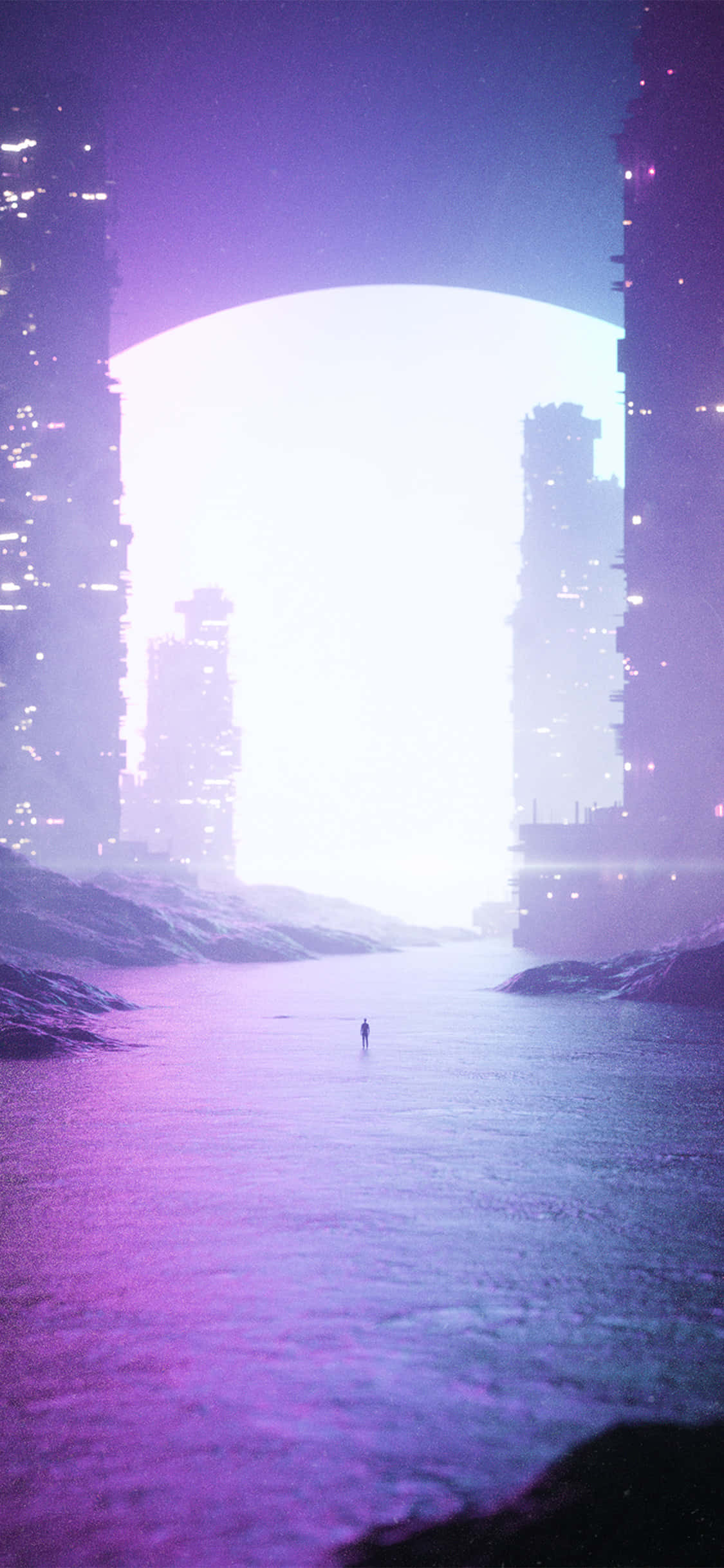 a city with a purple sky and a city in the background 壁紙