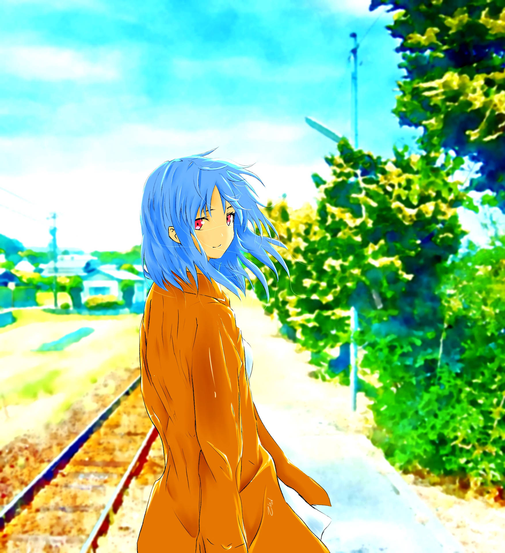 線路近くのアニメアート少女の壁紙