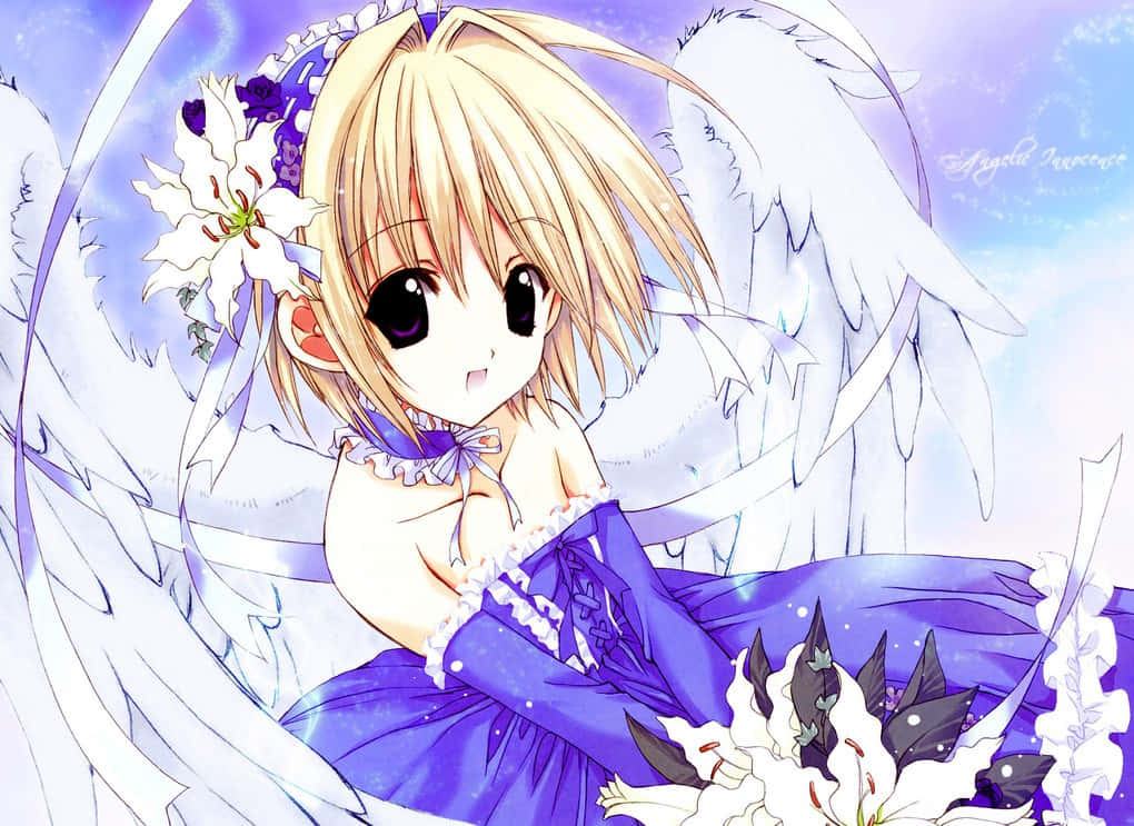 繊細な紫のドレスをまとった優雅な天使 壁紙