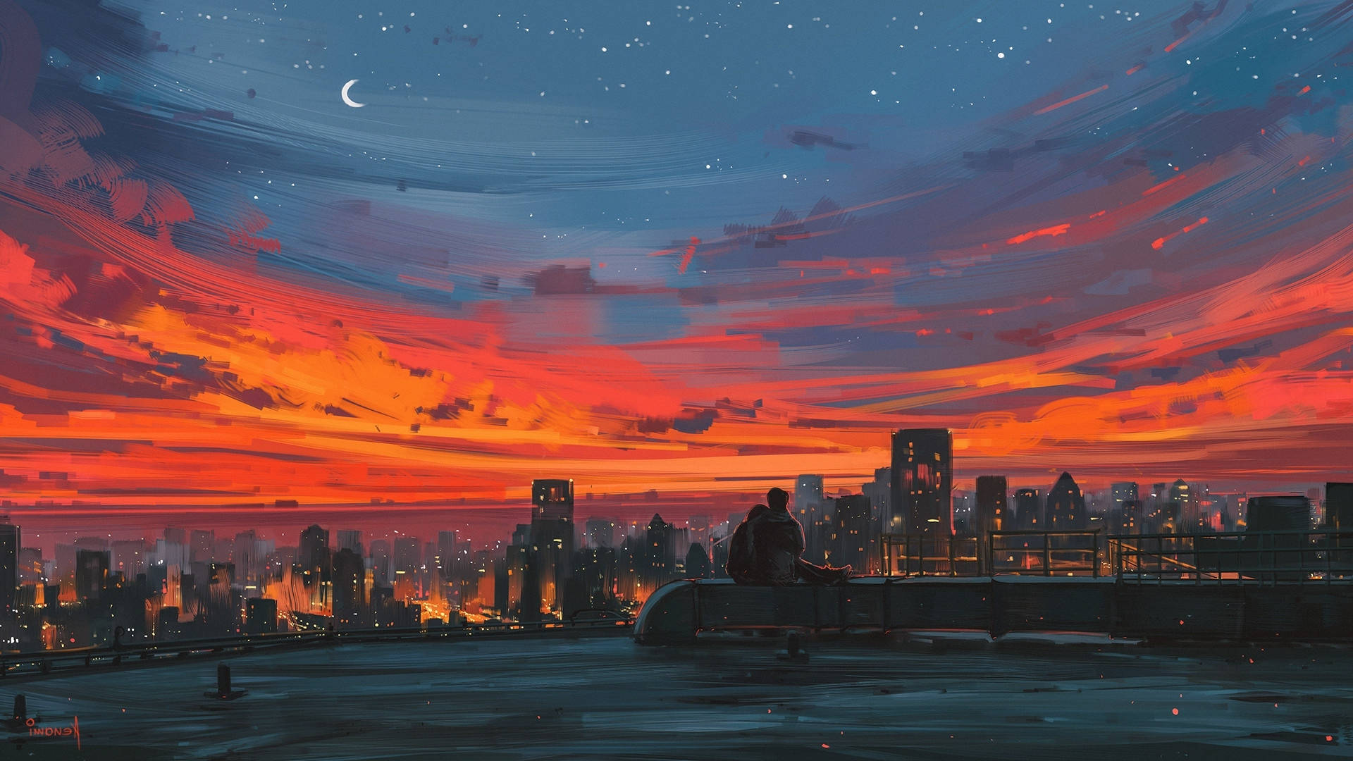 美しいアニメの夕日とカップル 壁紙