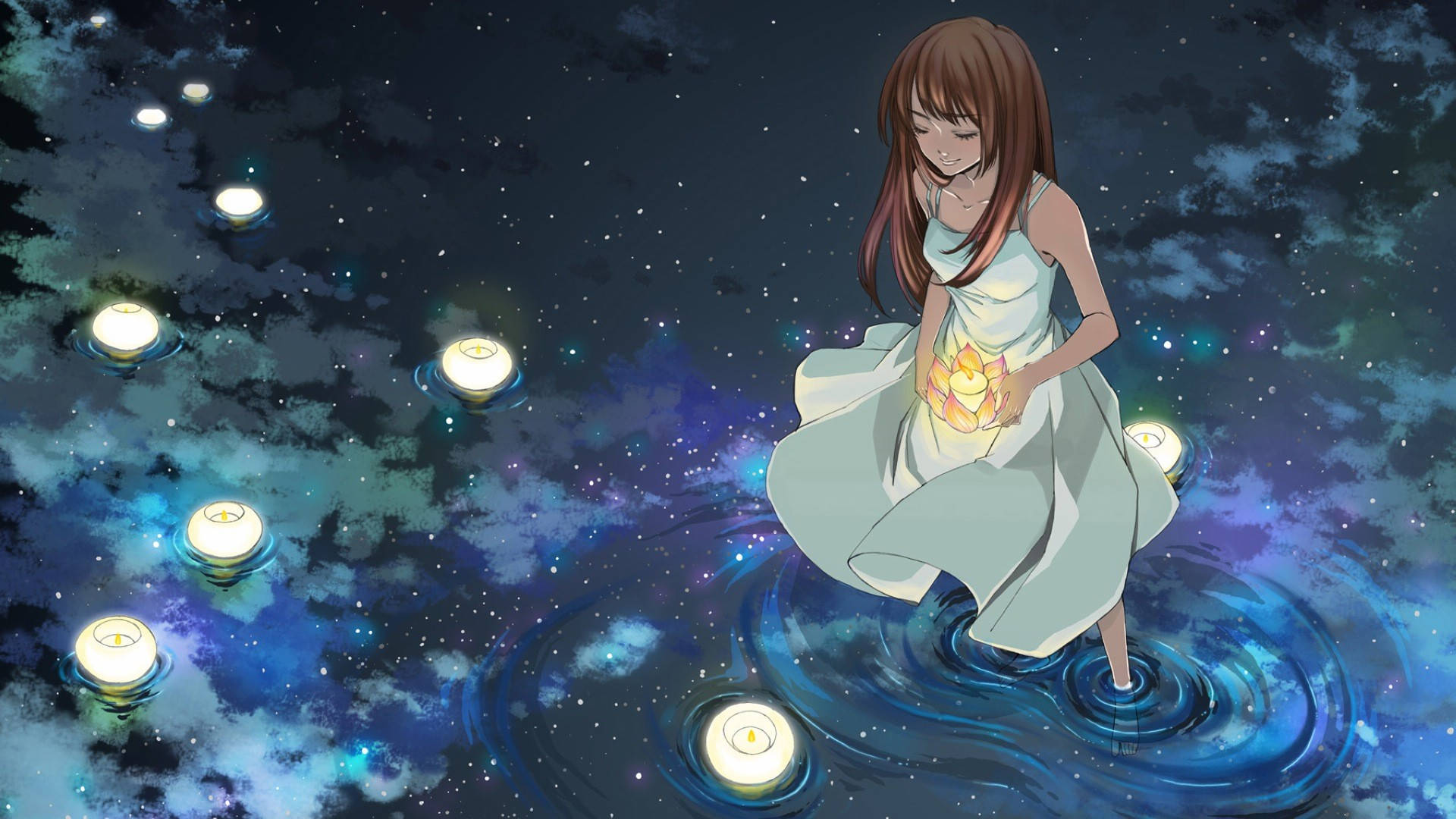 美しいアニメの少女と湖 壁紙