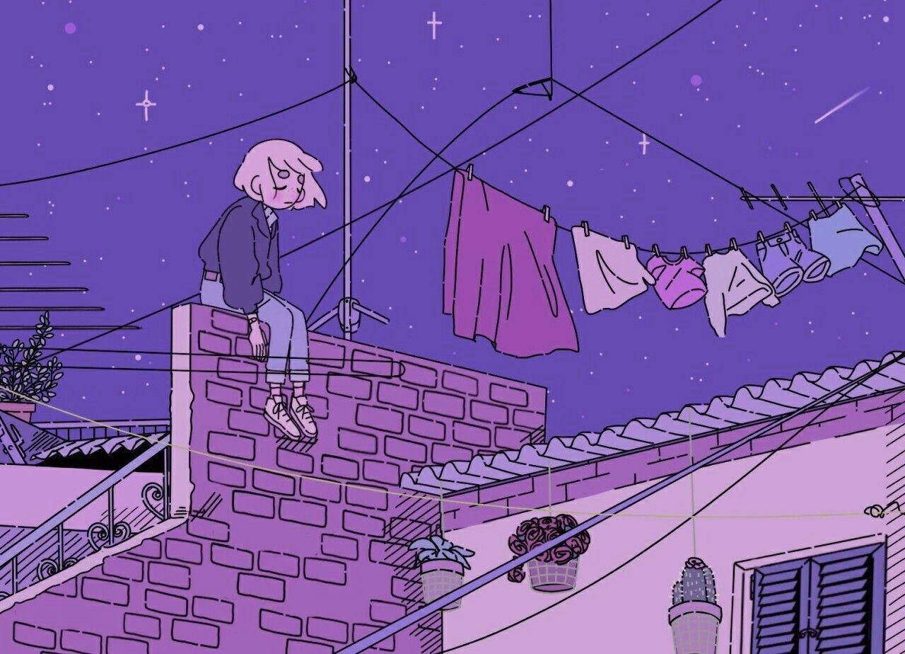 美しいアニメ風の少女と紫の夜