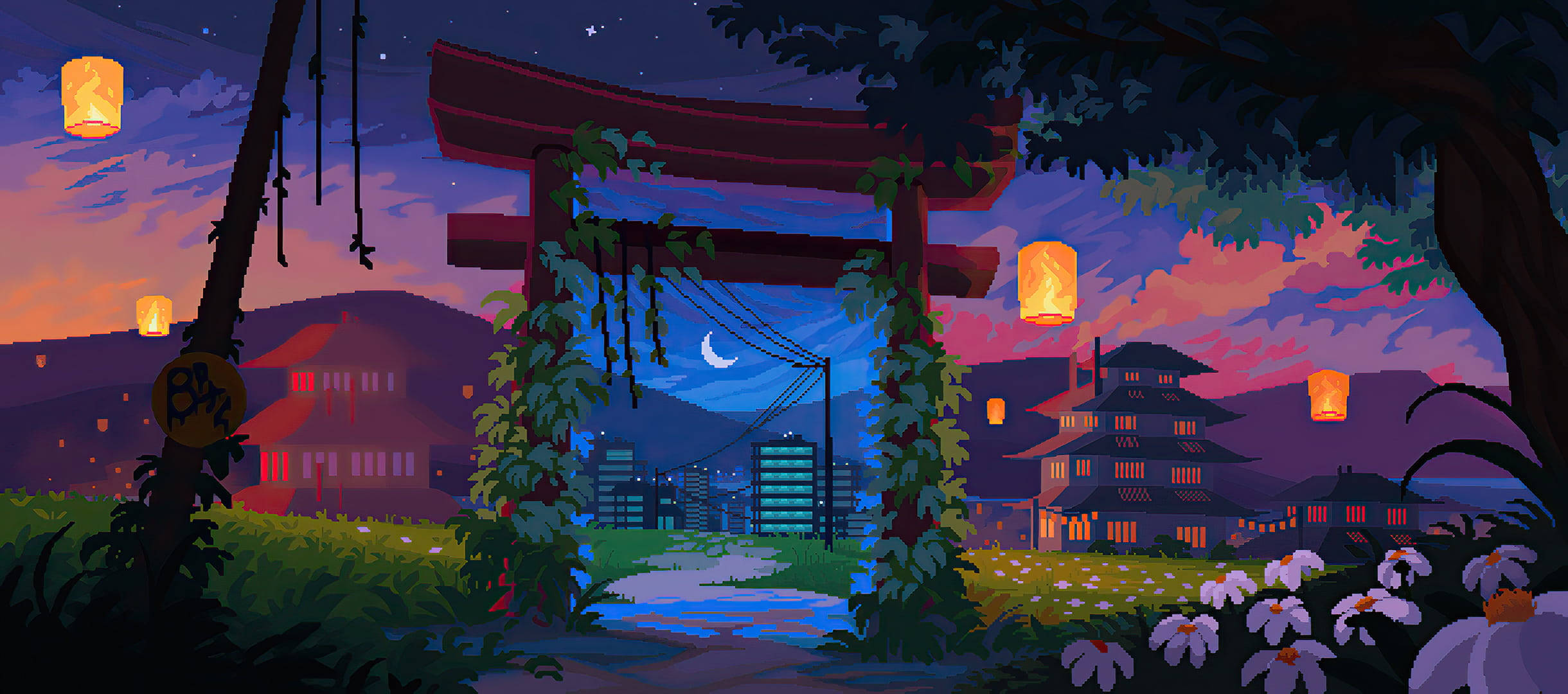 美しいドット絵の都市と日本神社 壁紙