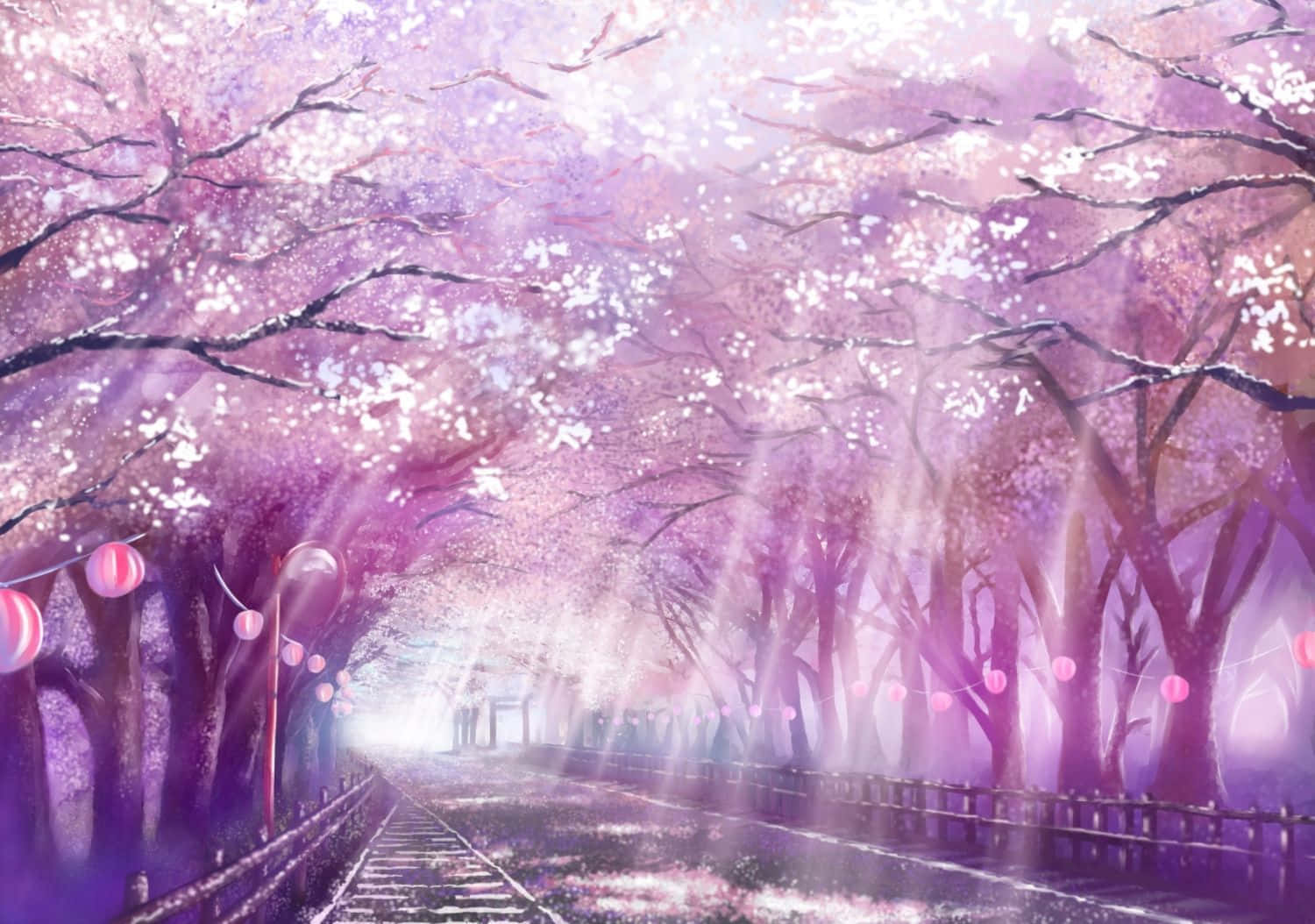 美しいピンクの桜とアニメ風の木々の風景 壁紙