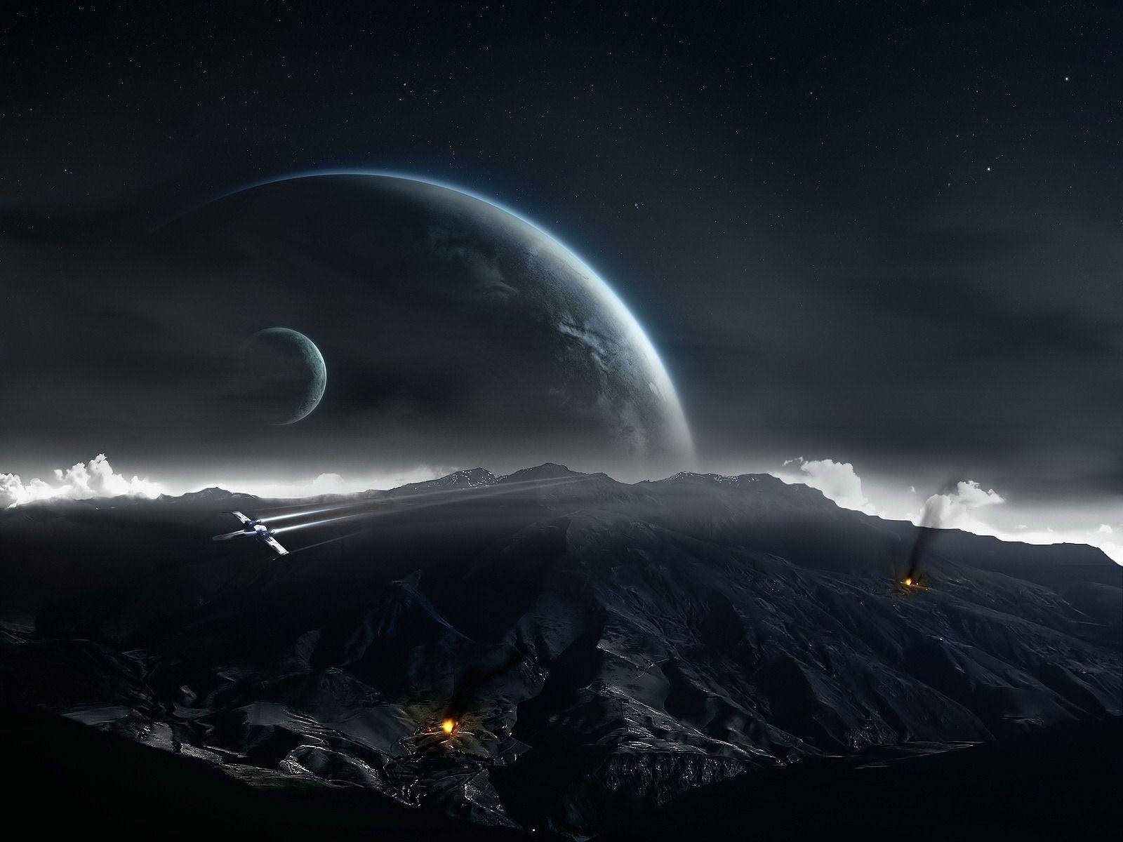 美しい暗い山脈と惑星 壁紙