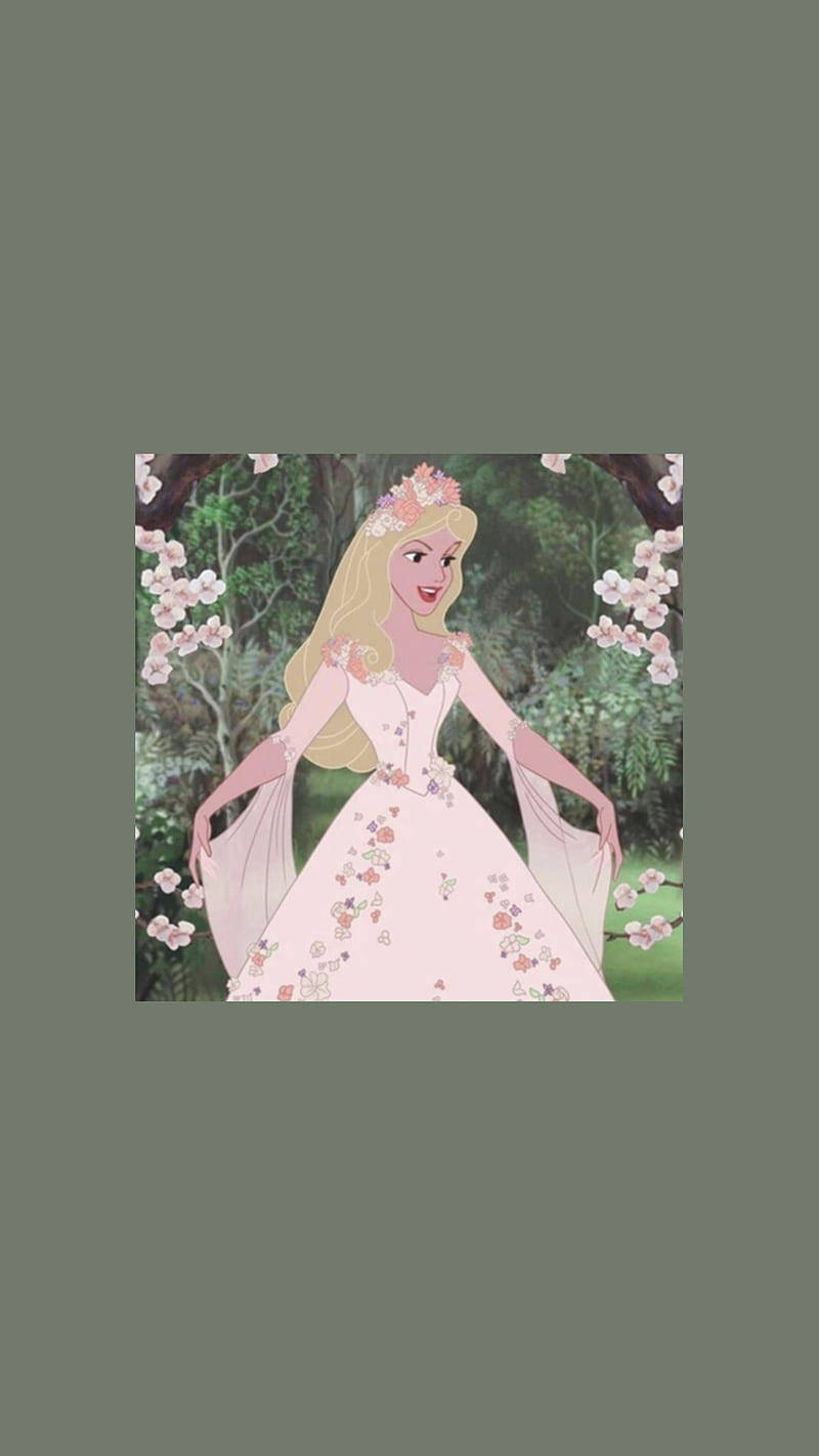 美しい花柄ドレスのオーロラ姫の美的イラスト 壁紙