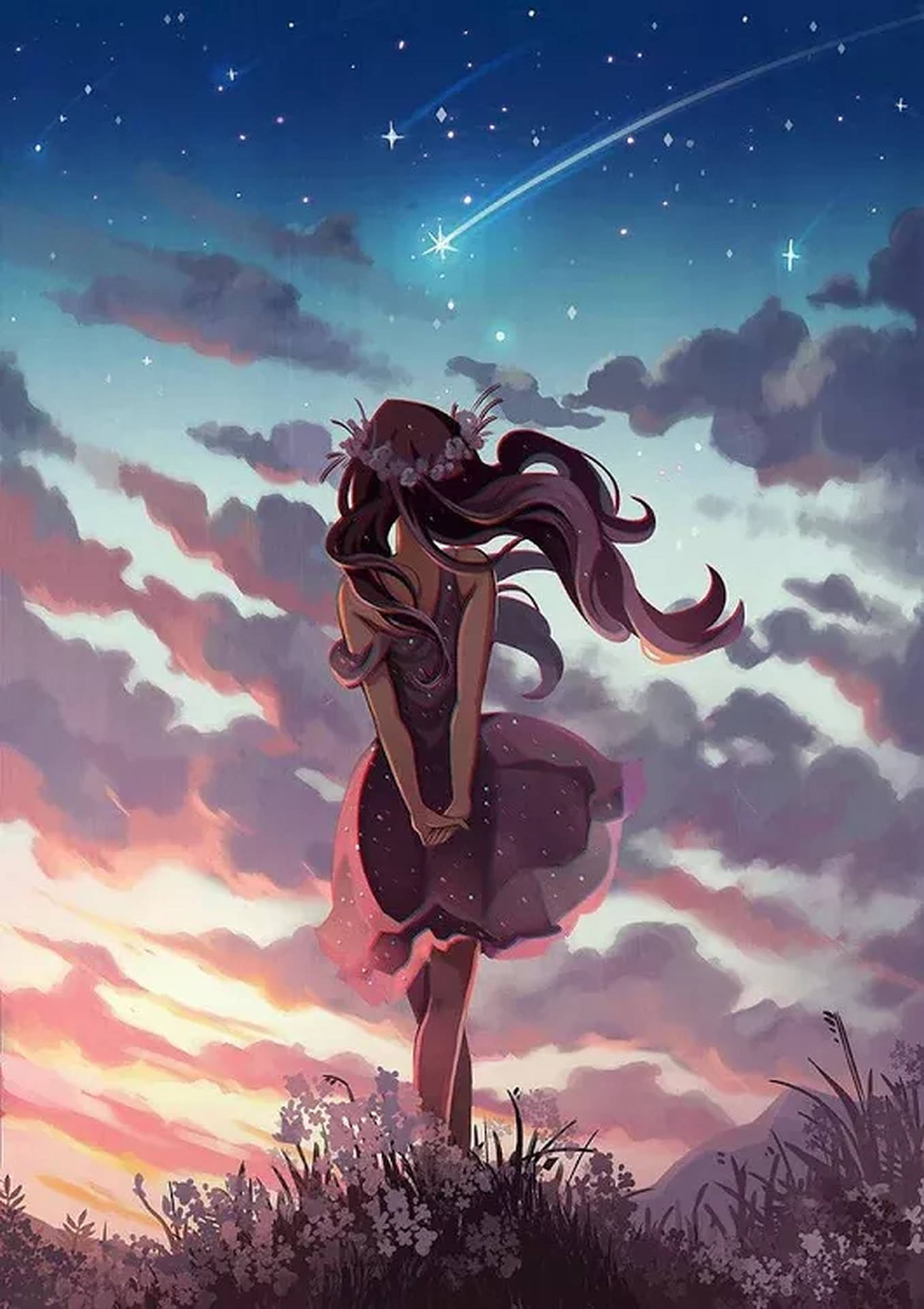 美少女と流れ星の壁紙