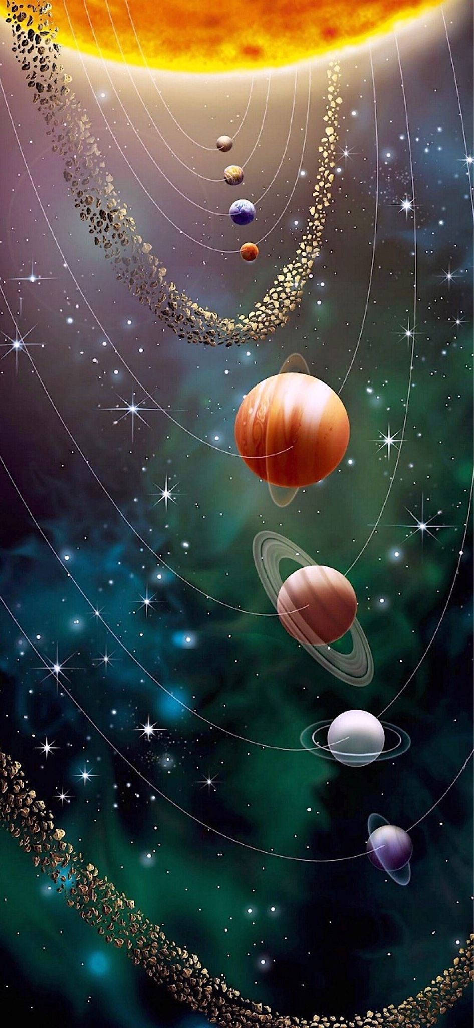 背景に多くの惑星がある太陽系 壁紙