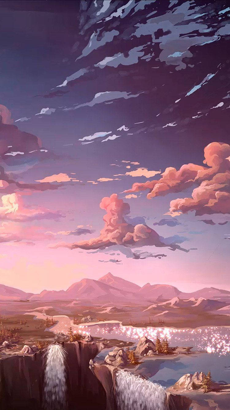 自然風景アニメ風夕焼け 壁紙