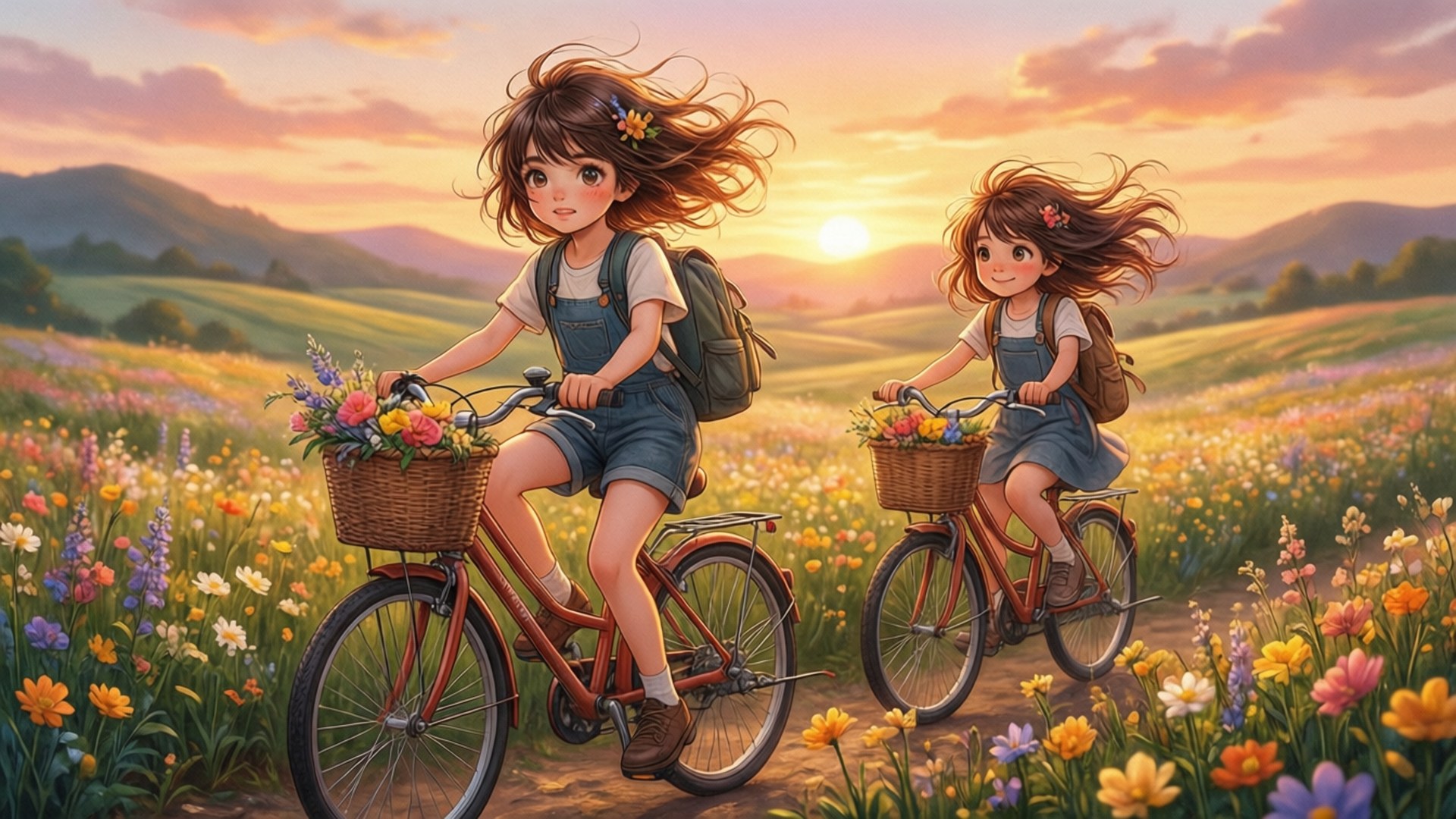自転車と花畑 壁紙