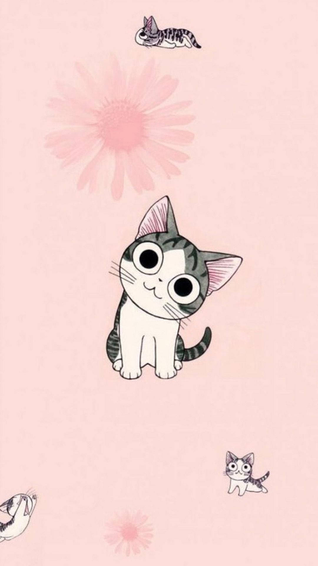 花と一緒の猫のイラスト 壁紙