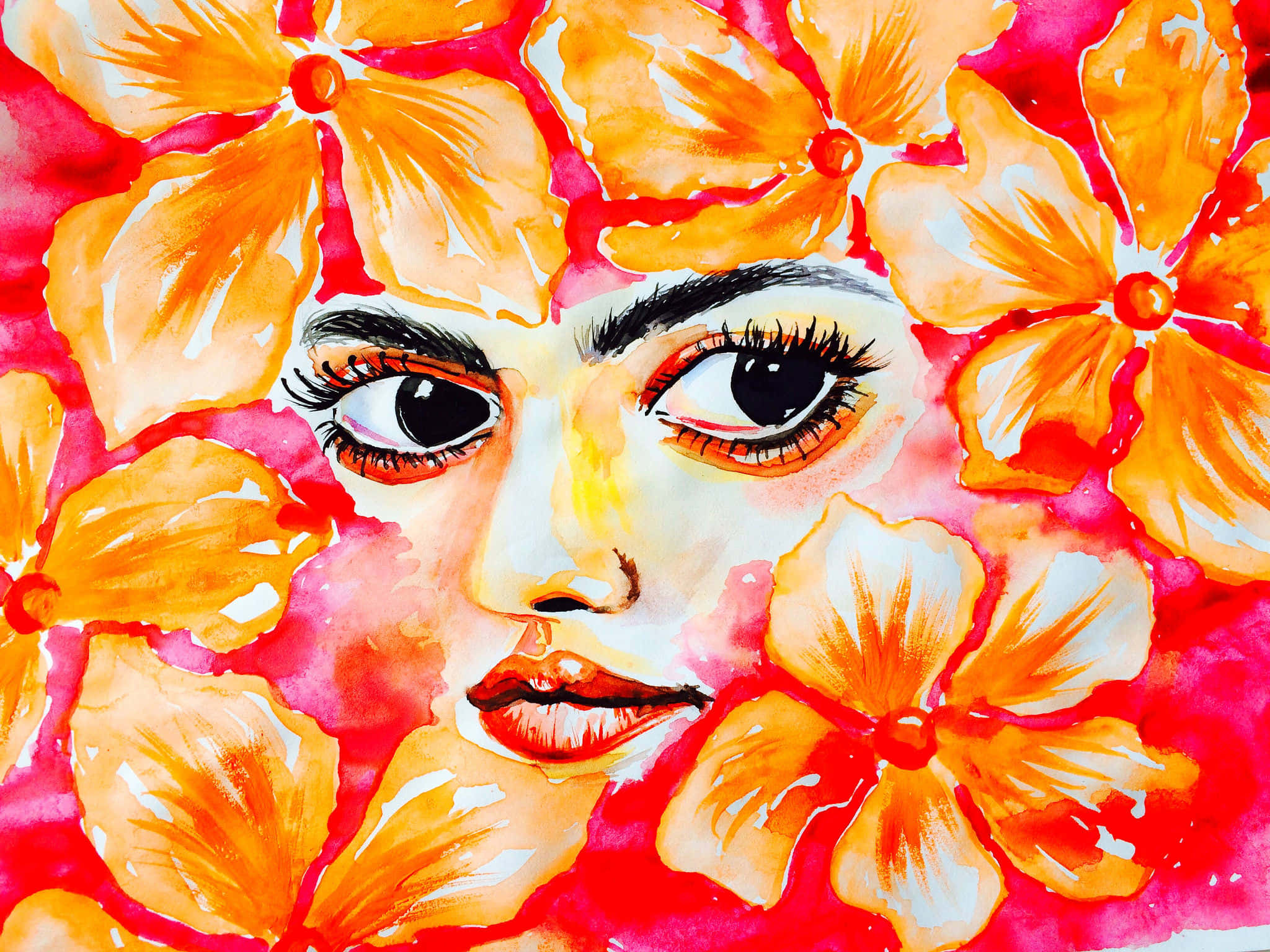 花と女性の絵画 壁紙