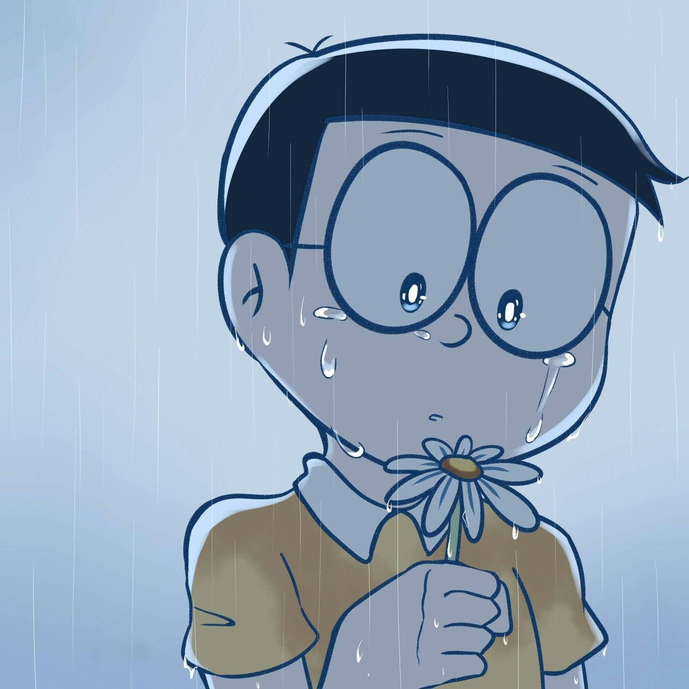 花を手にした悲しそうなのび太 ドラえもん 壁紙