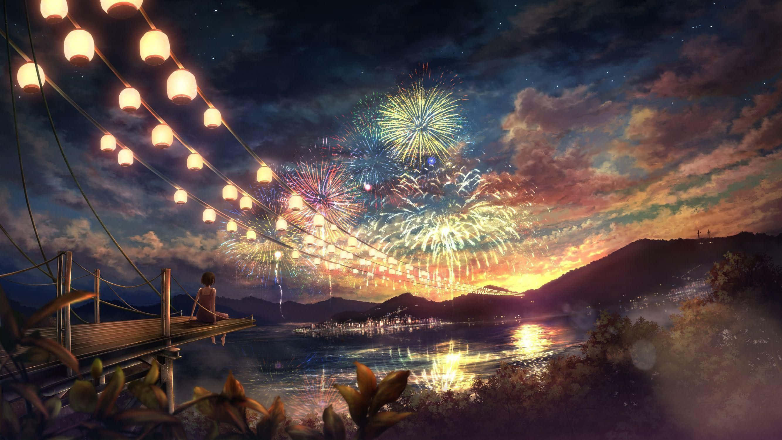 花火が橋と湖の上に打ち上がる絵画 壁紙