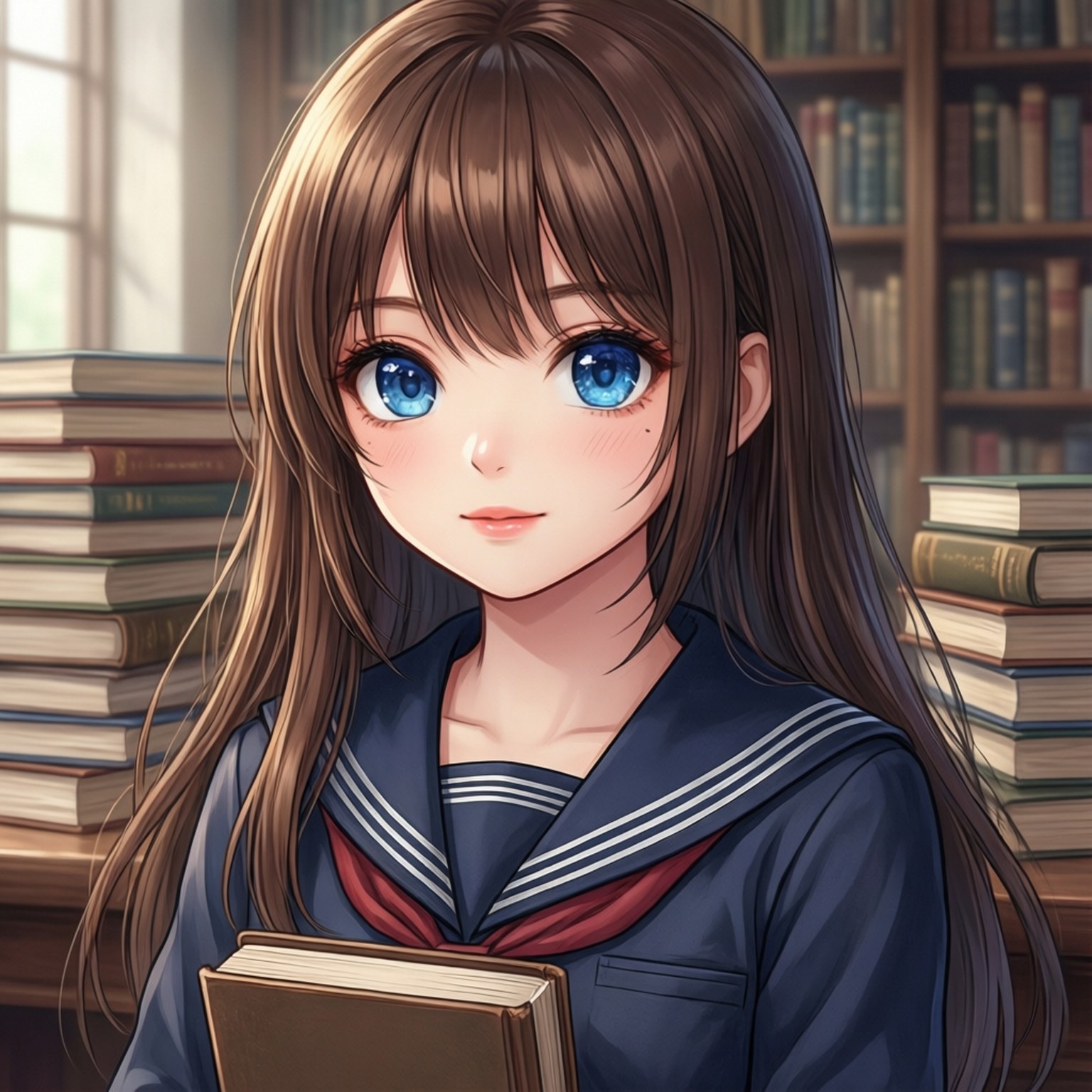 茶髪の図書館の少女 壁紙