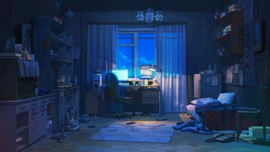 薄暗いアニメ部屋と点灯したノートパソコン 壁紙