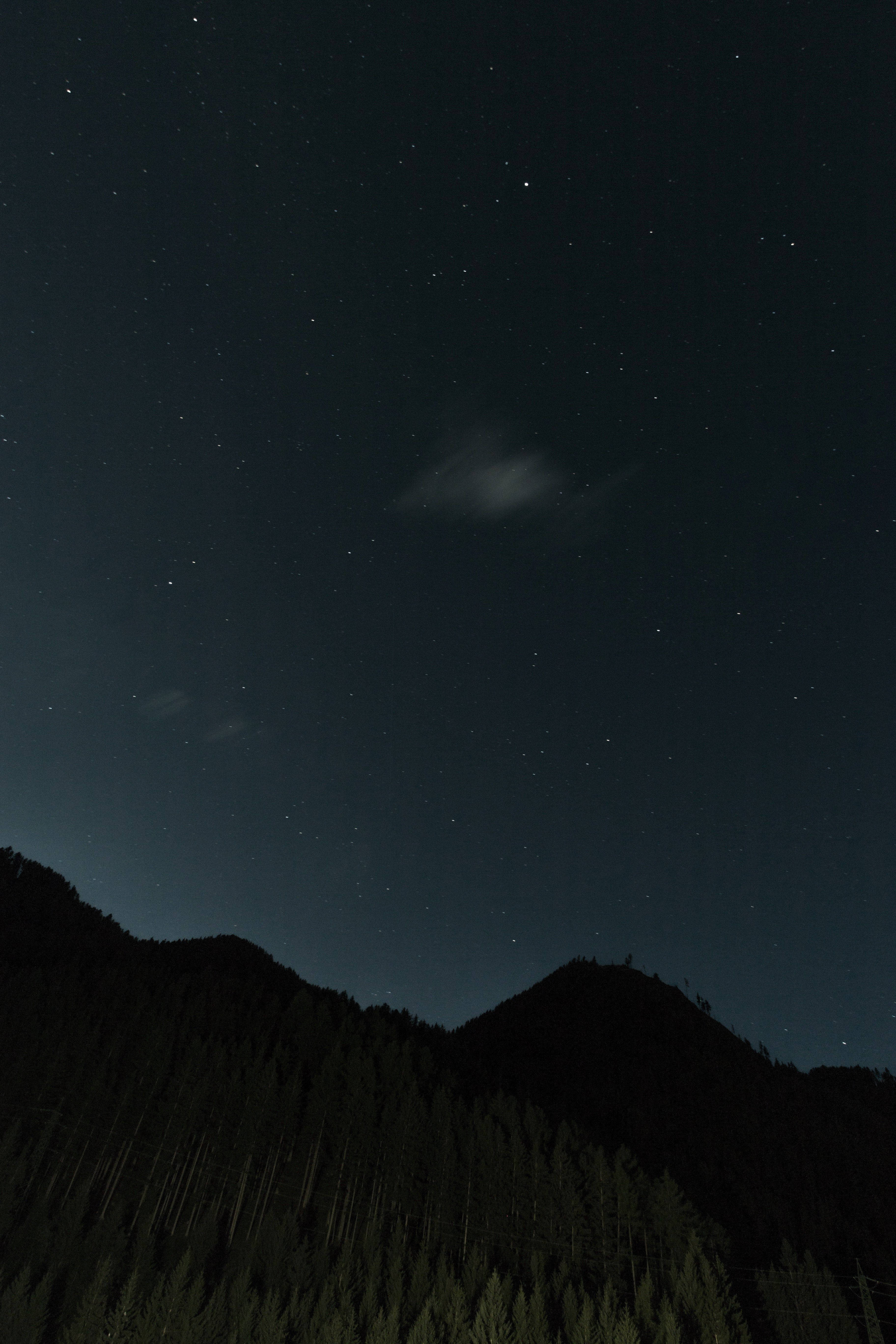 見事な山のシルエットの上の、薄暗い星で満たされた空。 壁紙