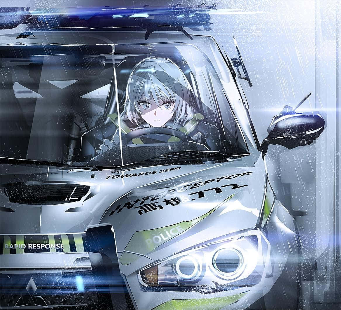 警察車両の運転席に座る少女 壁紙