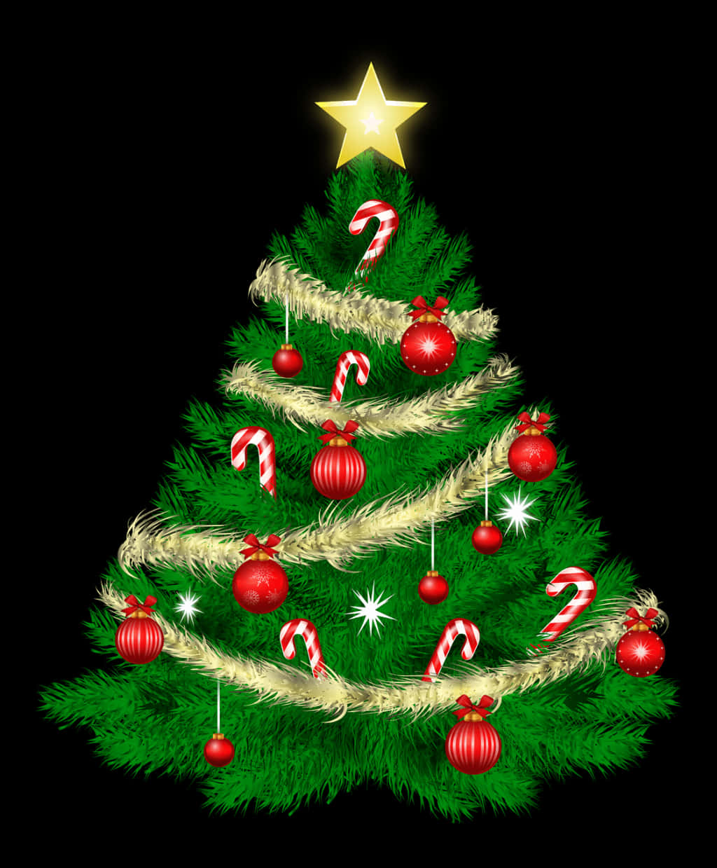 赤いオーナメントとキャンディケインのクリスマスツリー 壁紙
