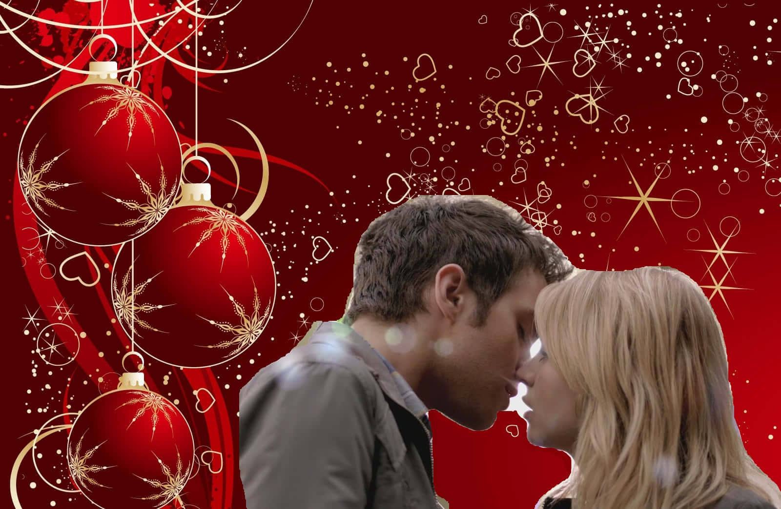 赤いクリスマスカップルのキス写真 壁紙