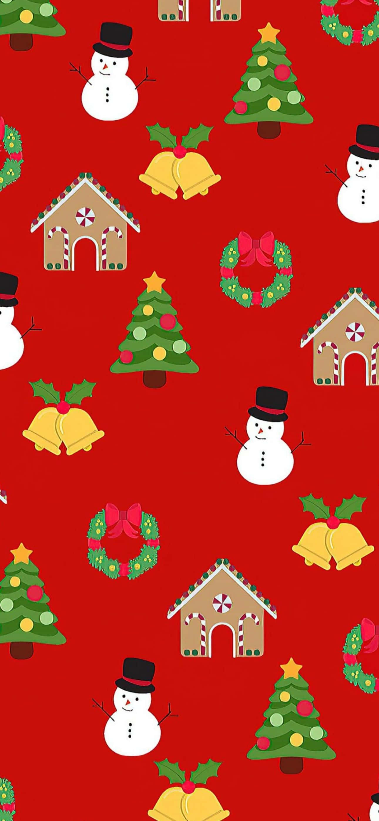 赤いクリスマスパターン、雪だるまとクリスマスツリー 壁紙