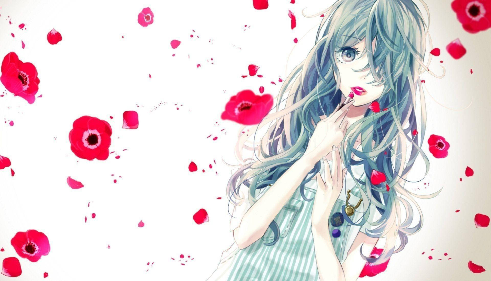 赤い口紅と花びらの可愛いアニメ少女 壁紙